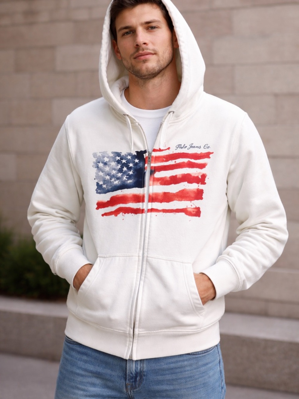 Ralph Lauren White Zip-Up Hoodie with American Flag Graphic Unisex hoddie